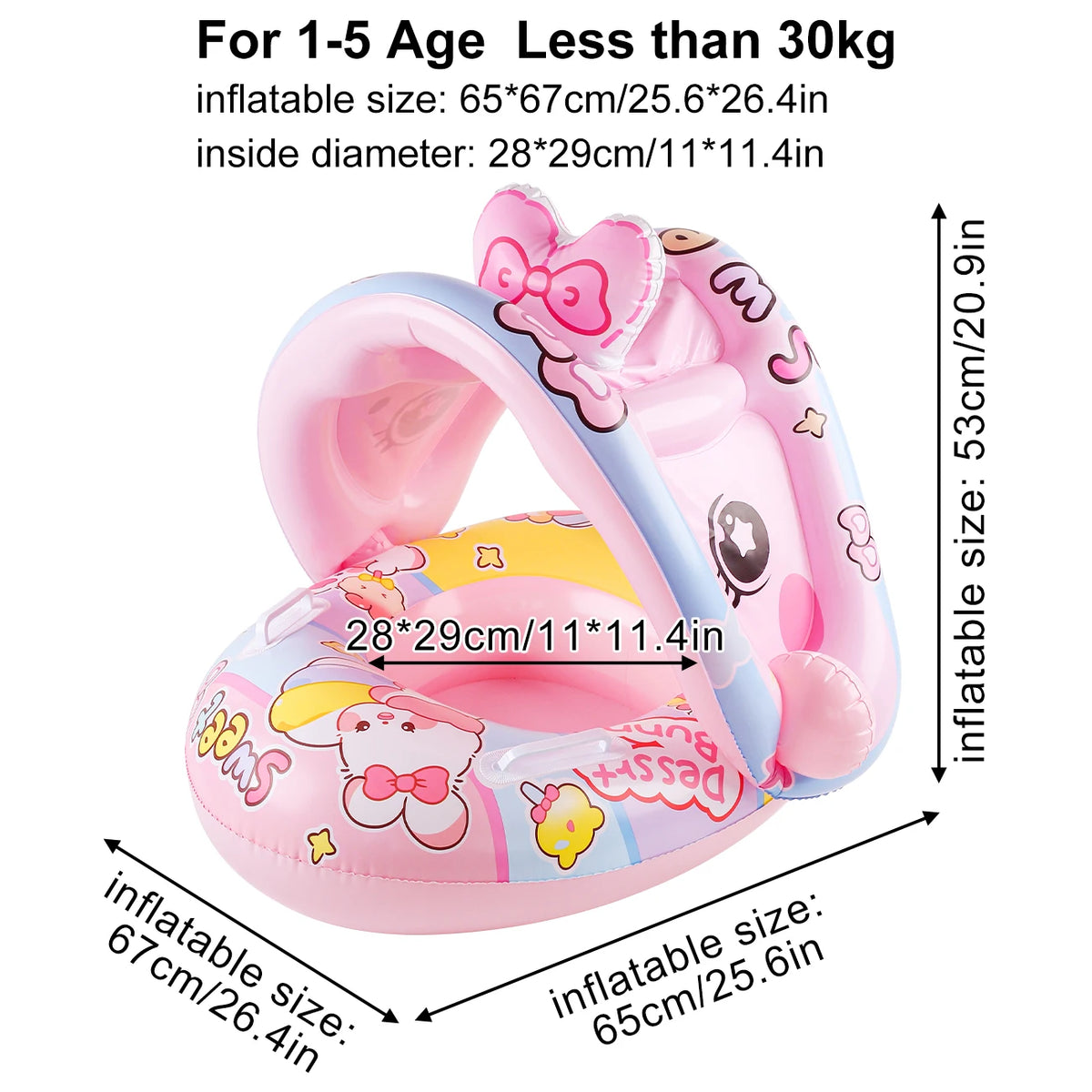 Rabbit-Style Inflatable Pool Float with Canopy and Seated Ring Design, Kids Water-Play Accessory for Closely Supervised Pool Time