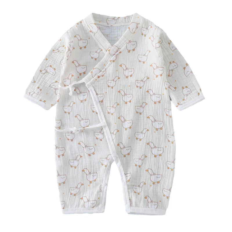 Muslin Cotton Baby Kimono Romper with Side Ties and Leg Snaps, Long Sleeve Printed Footless Jumpsuit for Boys and Girls, 0-24 Months