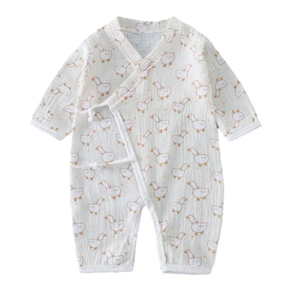Muslin Cotton Baby Kimono Romper with Side Ties and Leg Snaps, Long Sleeve Printed Footless Jumpsuit for Boys and Girls, 0-24 Months