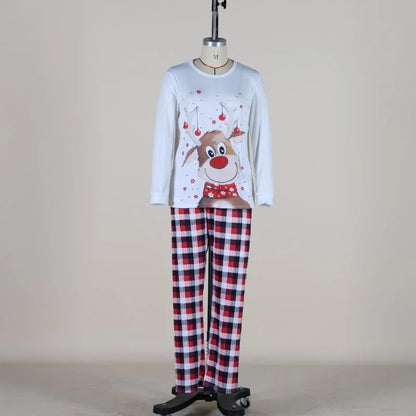 Reindeer Family Matching Pajamas with White Long Sleeve Tops and Red Black Plaid Pants, Christmas Outfits for Mom, Dad, Kids and Baby Size Options