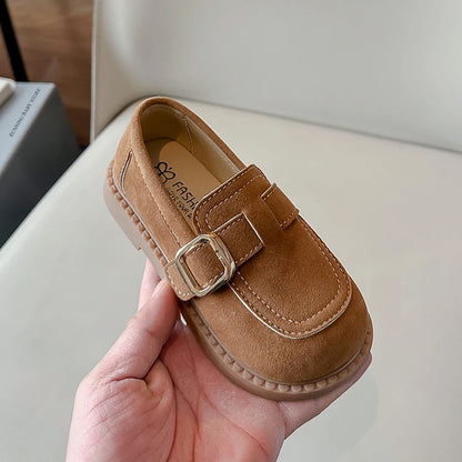 Girls Buckle Loafers with Rounded Toe and Stitched Detail, Brown or Khaki Casual Flats for School Outfits, Spring and Fall Days