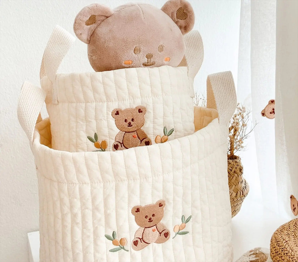Diaper Storage Basket with Cute Bear Embroidery and Carry Handles, Quilted Nursery Organizer for Newborn Diapers, Toys and Baby Essentials