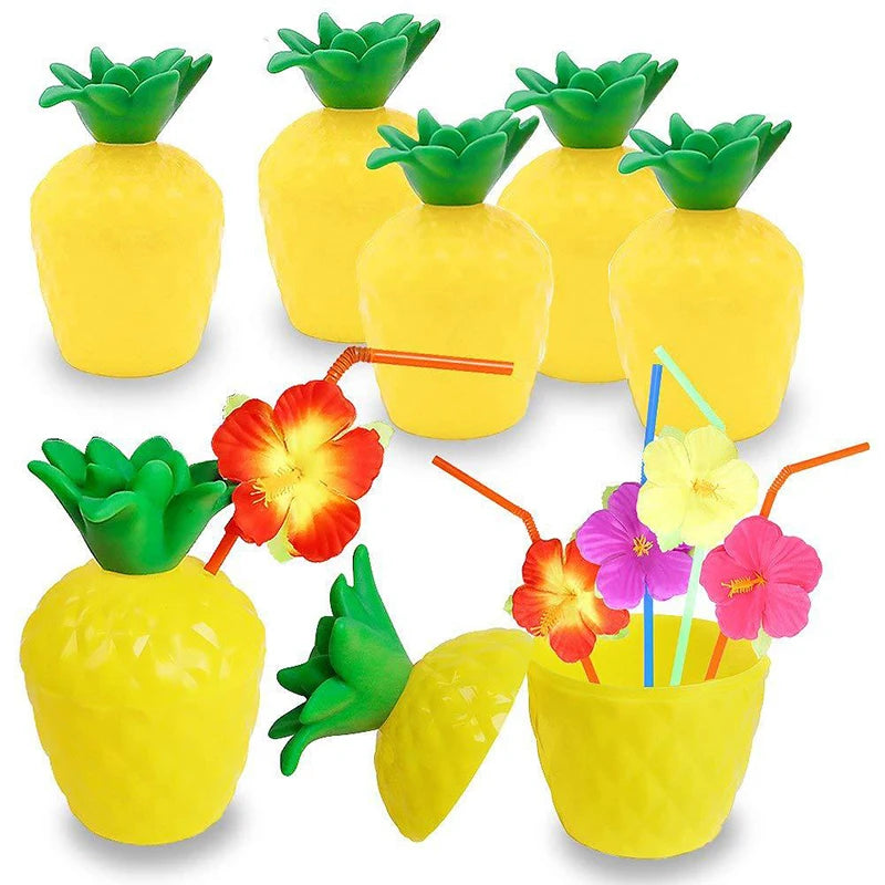 Fruit Shaped Party Cups in Pineapple, Coconut and Strawberry Designs, 6 or 10-Piece Plastic Drink Cup Sets for Luau Birthdays and Summer Celebrations