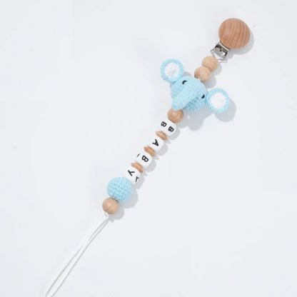 Custom Name Pacifier Clip with Crochet Animal Detail, Beech Wood Holder and Letter Beads, Personalized Baby Shower Gift for Everyday Outings