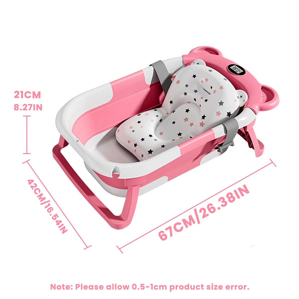 Travel Baby Bathtub with Thermometer and Soft Floating Cushion, Collapsible PP and TPE Bath Tub with Drain Plug for Supervised Infant and Toddler Bathing
