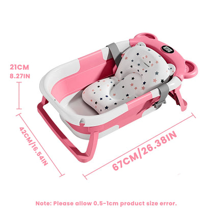Travel Baby Bathtub with Thermometer and Soft Floating Cushion, Collapsible PP and TPE Bath Tub with Drain Plug for Supervised Infant and Toddler Bathing