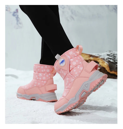 Snowflake Print Kids Winter Boots with Padded Shafts, Pull Tabs and Chunky Tread Soles, Pink Snow-Style Footwear for Boys and Girls