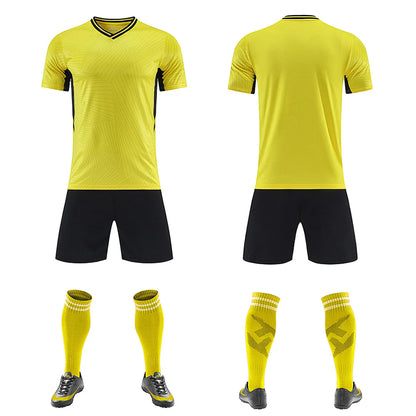 Kids Soccer Training Outfit with Short Sleeve V-Neck Jersey and Shorts, Contrast Trim Sports Clothing Set for Boys and Girls, Youth and Adult Sizes
