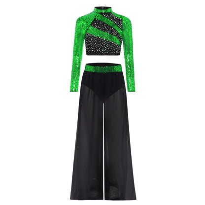 Girls Lyrical Dance Costume Set with Mock Neck Sparkle Top and Wide Leg Pants, Chiffon Overlay and Sleeveless Styles for Recitals and Stage Performances