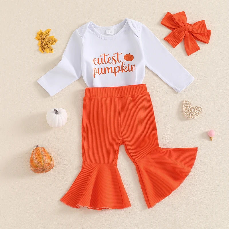 Baby Girl Pumpkin Outfit with Long Sleeve Bodysuit, Orange Ribbed Bell Bottom Pants and Bow Headband, Three-Piece Halloween Set for 0-18 Months