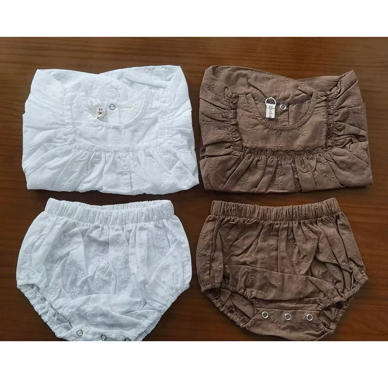 Baby Girl Bloomer Outfit Set with Vintage Lace Embroidery, Long Sleeve Cotton Top and Matching Shorts for Infants and Toddlers