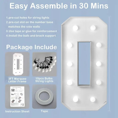 Light Up Marquee Numbers, 73 cm White KT Board Frames with Lights and Support Brackets for Birthday Backdrops and Anniversary Displays