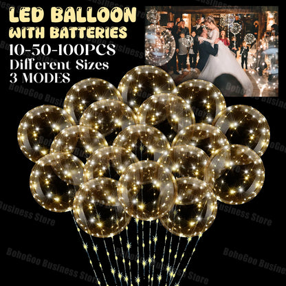 LED Light Up Balloons with Batteries and Clear Bobo Balloon Design, 10-100 Set Options for Wedding Receptions, Proposals and Birthday Party Decor