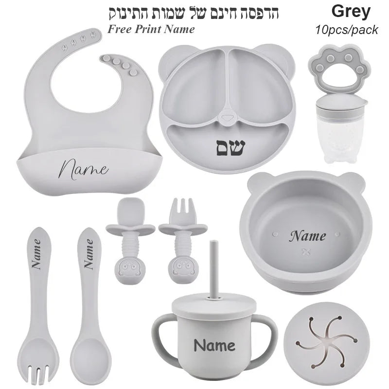 Ten-Piece Personalized Baby Feeding Set with Panda Divided Plate, Suction Bowl, Pocket Bib, Straw Cup and Utensils in Nine Color Options