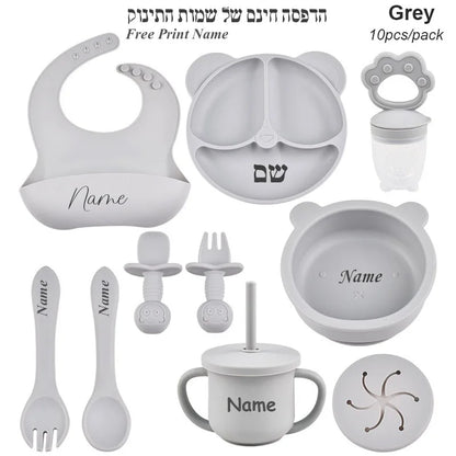 Ten-Piece Personalized Baby Feeding Set with Panda Divided Plate, Suction Bowl, Pocket Bib, Straw Cup and Utensils in Nine Color Options