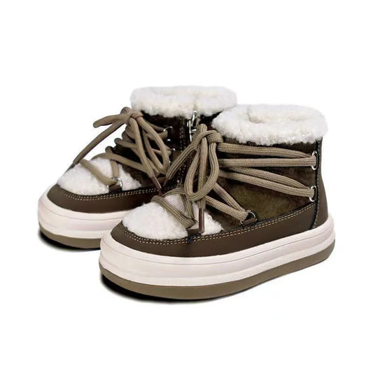 Toddler Fuzzy Trim Ankle Boots with Lace-Up Front and Side Zippers, Plush Winter Styling and Rubber Soles for Boys and Girls, Sizes 21–30