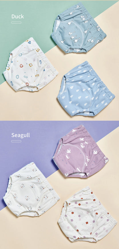 6-Layer Cotton Training Pants, 3-Pack Reusable Toddler Potty Underwear with Elastic Waist and Printed Designs in 90 cm and 100 cm Size Options
