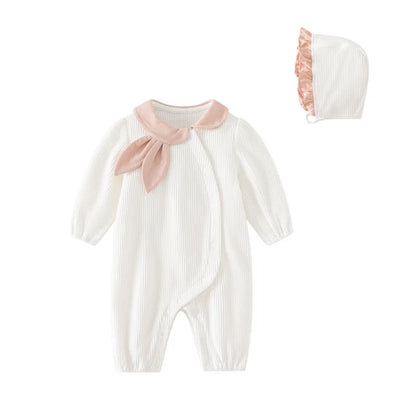 Baby Girl Jumpsuit and Hat Set with Ink-Style Print and Ruffled Yoke, Long Sleeve Cotton Outfit for Spring, Fall and Family Photos, Sizes 59-90