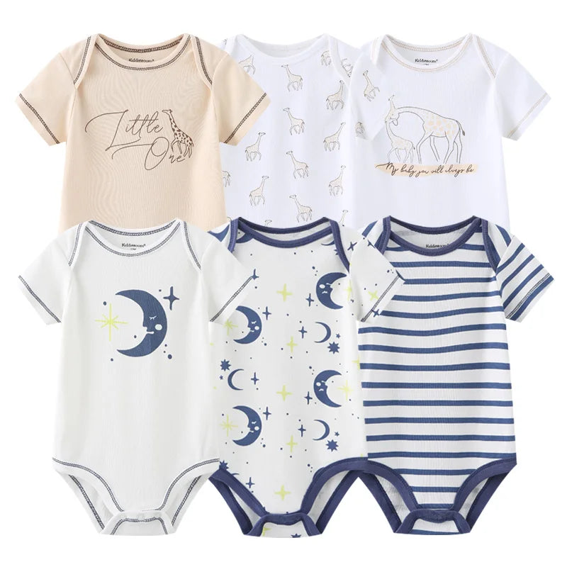 Baby Cotton Bodysuit Set, 6-Piece Short Sleeve Outfits with Envelope Shoulders and Snap Crotch for Boys and Girls, Sizes 3M-12M