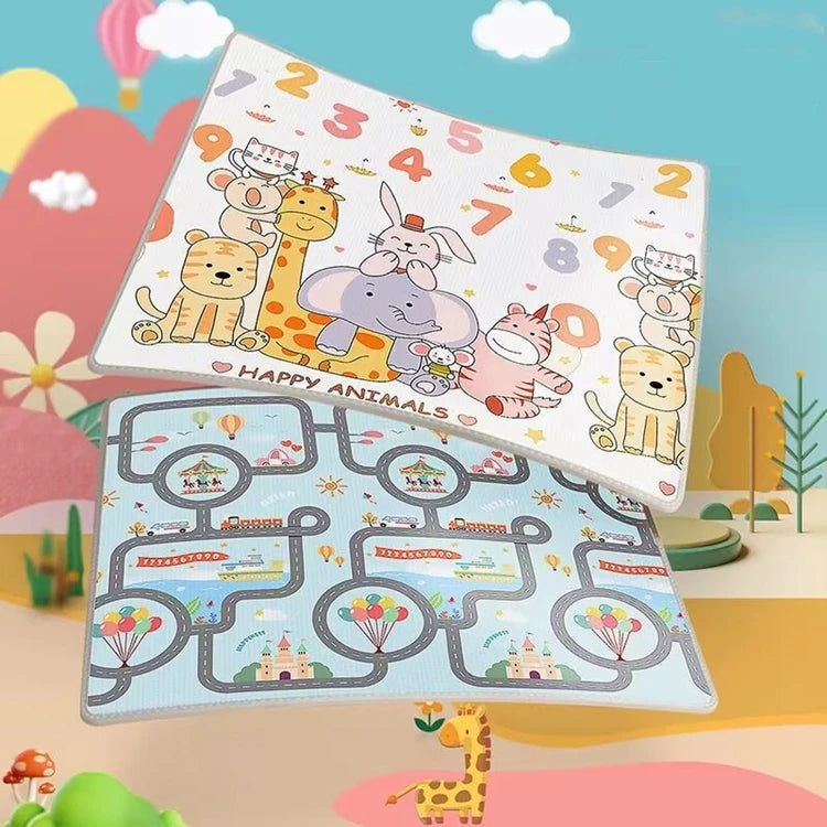 Double-Sided Baby Floor Mat with Animal and Scene Prints, Foldable Foam Crawling Rug in Five Size and Thickness Options for Supervised Play