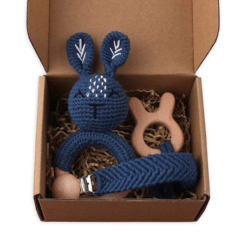 Crochet Animal Rattle Set with Wooden Ring and Coordinating Accessories, Rabbit, Deer and More Designs for Supervised Play and Baby Shower Gifts