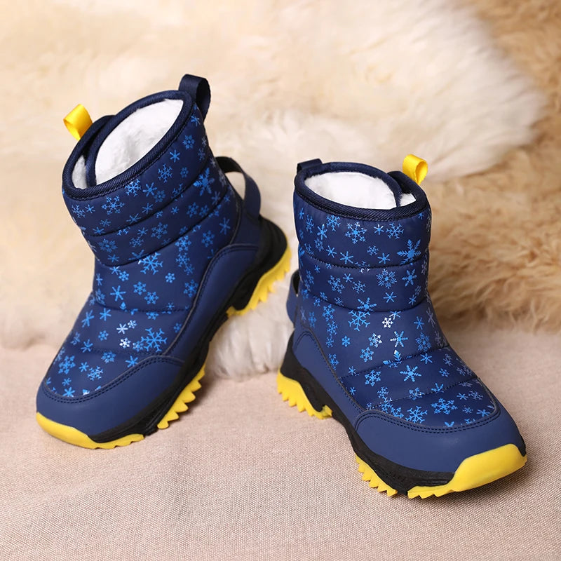 Snowflake Print Kids Winter Boots with Padded Shafts, Pull Tabs and Chunky Tread Soles, Pink Snow-Style Footwear for Boys and Girls