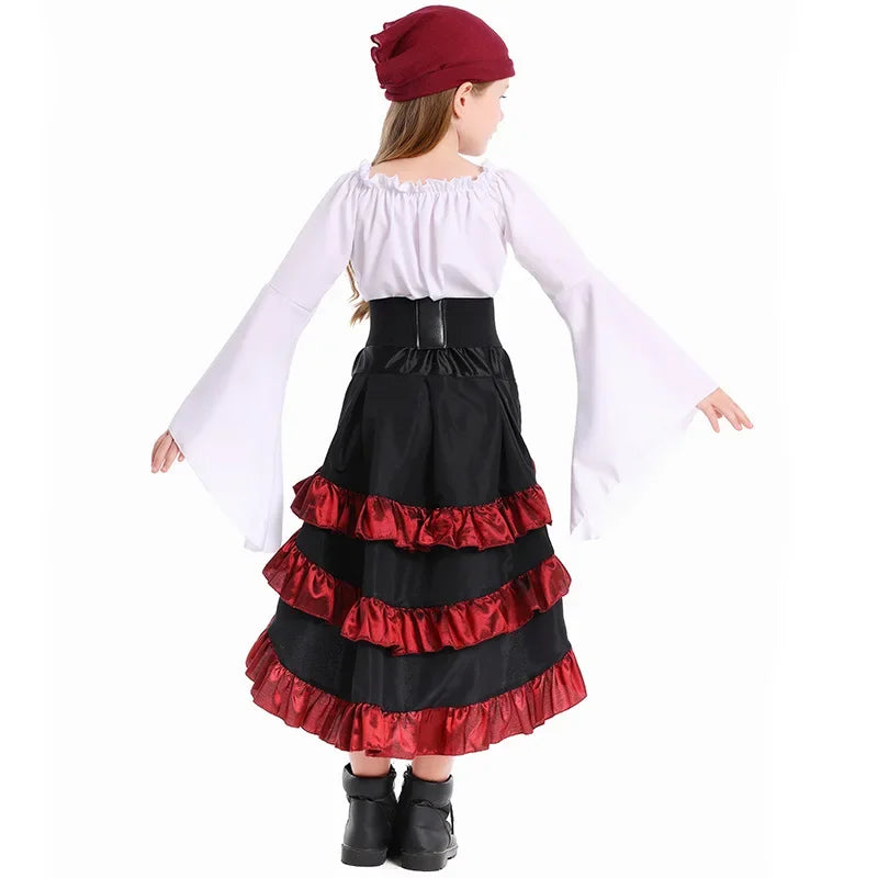 Girls Pirate Costume Set with Bell Sleeve Blouse, High-Low Skirt, Head Scarf and Lace-Up Waistband for Halloween and Dress-Up Parties