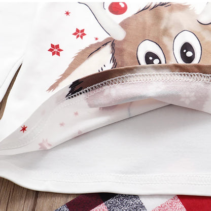 Red-Nose Reindeer Family Christmas Pajamas with White Long Sleeve Tops and Red Black Plaid Pants, Matching Mom Dad Kids Sets and Baby Jumpsuit Options
