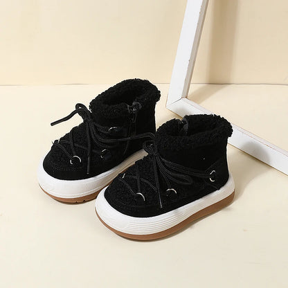 Toddler Plush Ankle Boots with Lace-Up Front, Rubber Soles and Fluffy Trim for Boys and Girls, Beige Black or Pink Cool-Weather Shoes