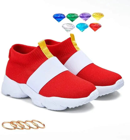 Sonic-Inspired Red Slip-On Shoes with White Band Detail and White Soles, Game-Themed Casual Footwear with Ring and Gem Options for Kids