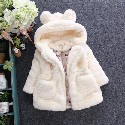 Girls Faux Fur Winter Coat with Bear Ear Hood and Zip Front, Plush-Look Toddler Jacket in Red, Beige, Black or Pink, Sizes 2T–7T