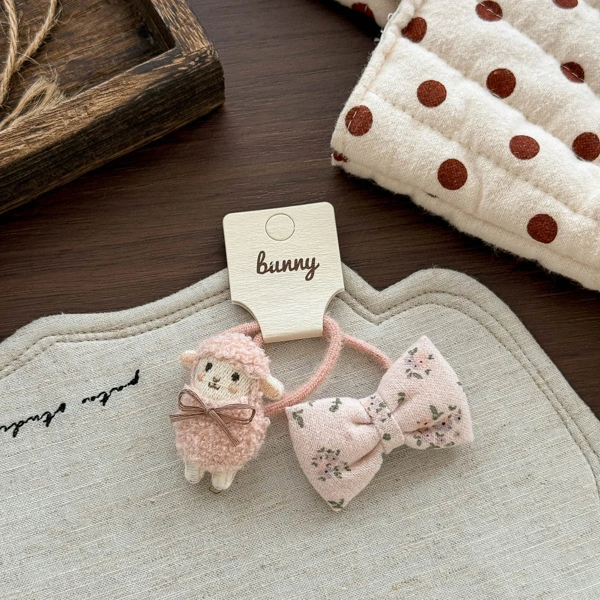 Sheep and Bow Hair Ties for Girls, 2-Piece Elastic Ponytail Holder Set with Cute Animal Detail in Beige, Coffee or Pink for Everyday Hairstyles