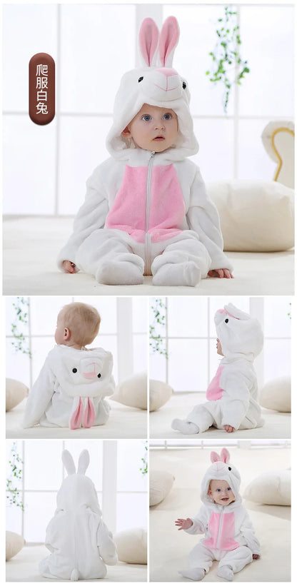 Baby Animal Hooded Costume Jumpsuit with Flannel Styling, Duck, Rabbit, Leopard and More Dress-Up Options for Boys and Girls, Sizes 70-120