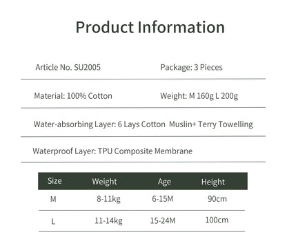 6-Layer Cotton Training Pants, 3-Pack Reusable Toddler Potty Underwear with Elastic Waist and Printed Designs in 90 cm and 100 cm Size Options