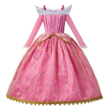 Pink Princess Costume Dress for Girls with Gold-Tone Detailing and Long Sleeves, Aurora-Inspired Party Dress-Up with Selectable Bundle Options