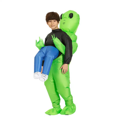 Carry-Me Alien Inflatable Costume for Kids and Adults, Green Abduction Illusion Suit with Fan and Battery Case for Halloween Parties and Stage Shows