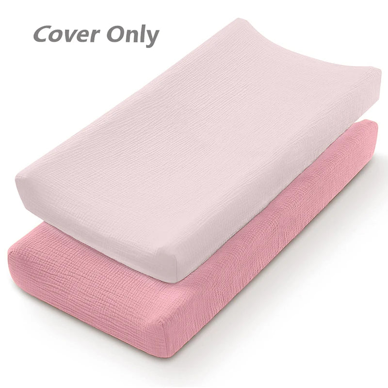Muslin Cotton Changing Pad Covers 2-Pack with Elastic Edges, Double-Layer Baby Diaper Mat Covers for Newborn Nursery Care and Baby Shower Gifts