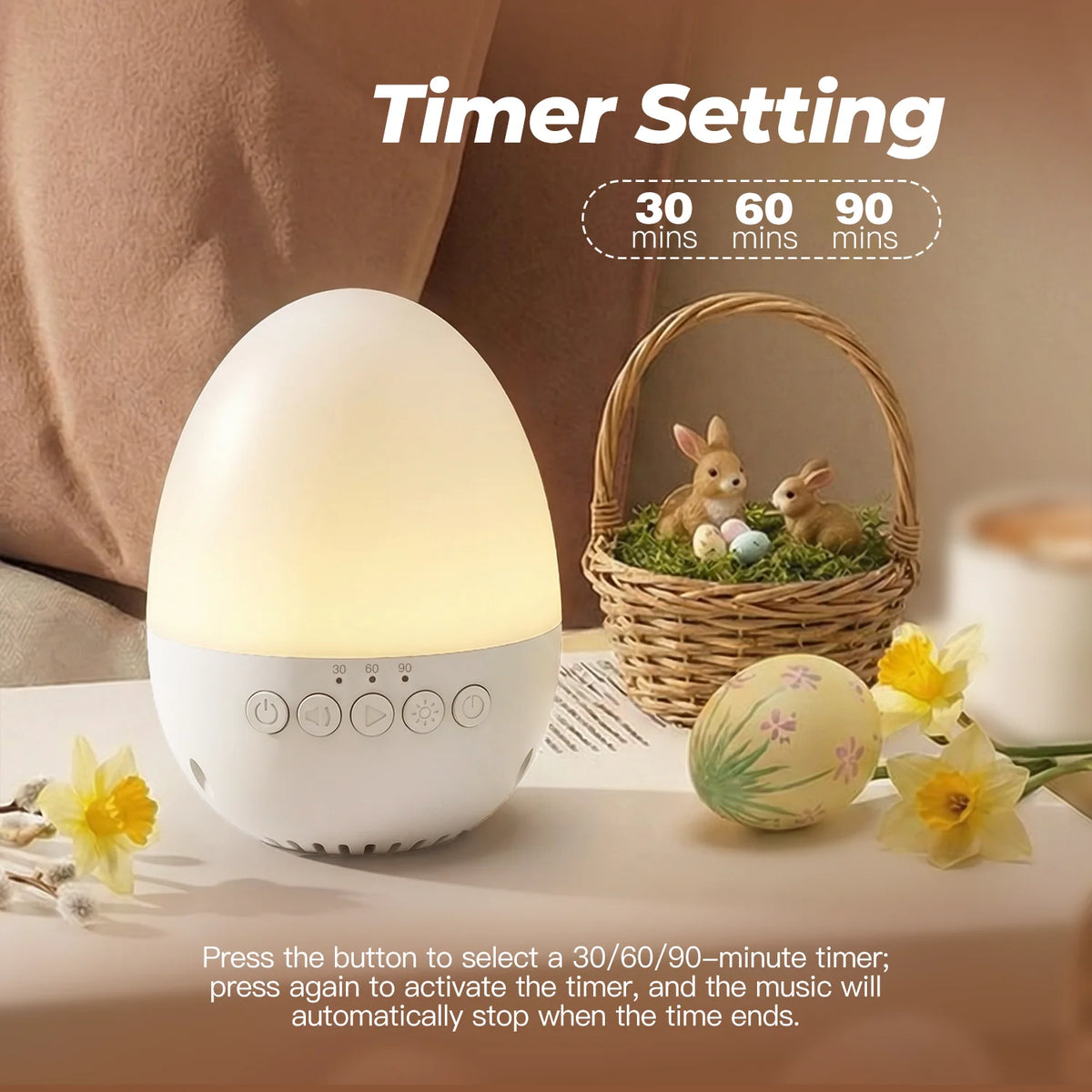 Egg-Shaped White Noise Machine with 30 Sounds, Dimmable Warm Night Light, 30/60/90-Minute Timer and USB-C Rechargeable 700mAh Battery