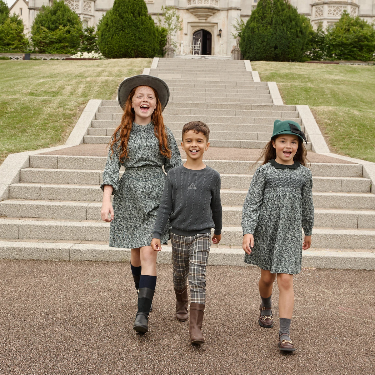 Forest Print Sibling Matching Outfits with Girls Cotton Smocked Dress Options, Boys Embroidered Knit Sweaters and Plaid Pants for Family Photos