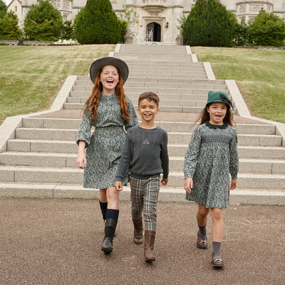 Forest Print Sibling Matching Outfits with Girls Cotton Smocked Dress Options, Boys Embroidered Knit Sweaters and Plaid Pants for Family Photos
