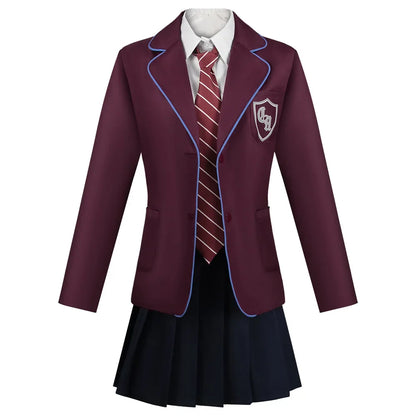 Matilda School Uniform Costume for Girls and Women, Grey Blazer and Dark Skirt with Striped Tie for Musical Cosplay and Halloween Parties