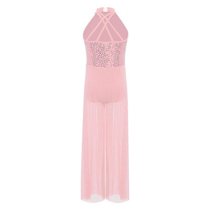 Girls Sequin Dance Jumpsuit with Split Wide-Leg Mesh, Sleeveless Mock Neck and Crisscross Back for Lyrical Recitals and Stage Performances