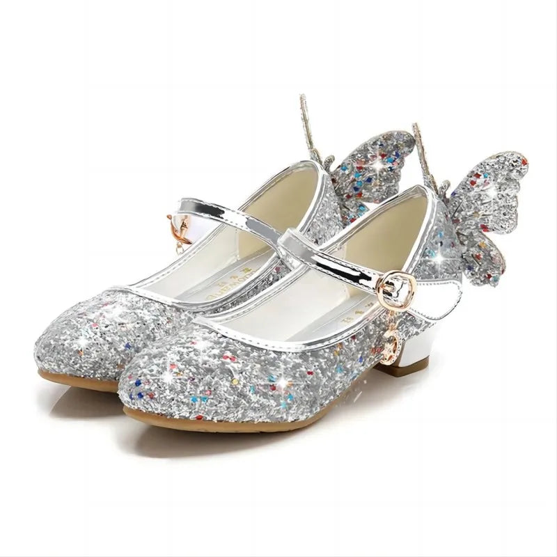 Girls Butterfly Glitter Dress Shoes with Sparkling Wing Accents, Buckled Strap and Block Heel for Princess Parties, Weddings and Special Outfits
