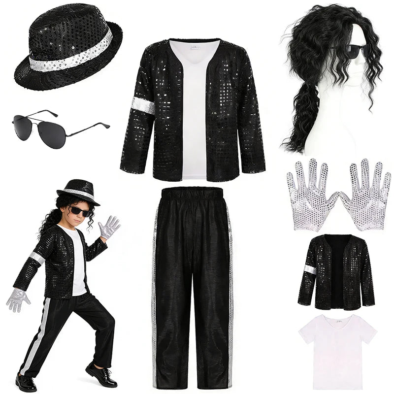 Kids Pop Star Costume with Black Sequin Jacket and Pants Set Options, Retro Dance Performance Outfit for Halloween and Parties, Sizes S-XL