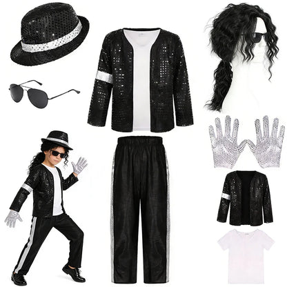Kids Pop Star Costume with Black Sequin Jacket and Pants Set Options, Retro Dance Performance Outfit for Halloween and Parties, Sizes S-XL