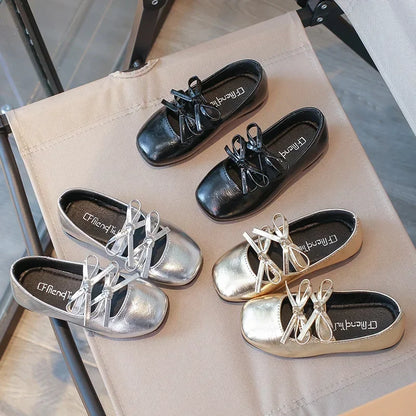 Girls Square-Toe Double-Bow Dress Flats with Cross-Strap Detail in Silver, Black or Gold for Party Outfits, Family Celebrations and Special Occasions