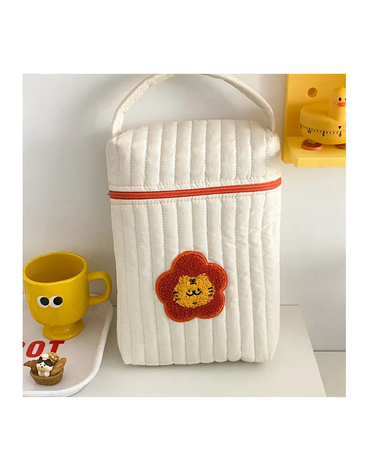 Quilted Diaper Bag with Bear Applique, Beige Cotton Zippered Baby Essentials Organizer with Carry Handle for Moms and Everyday Outings