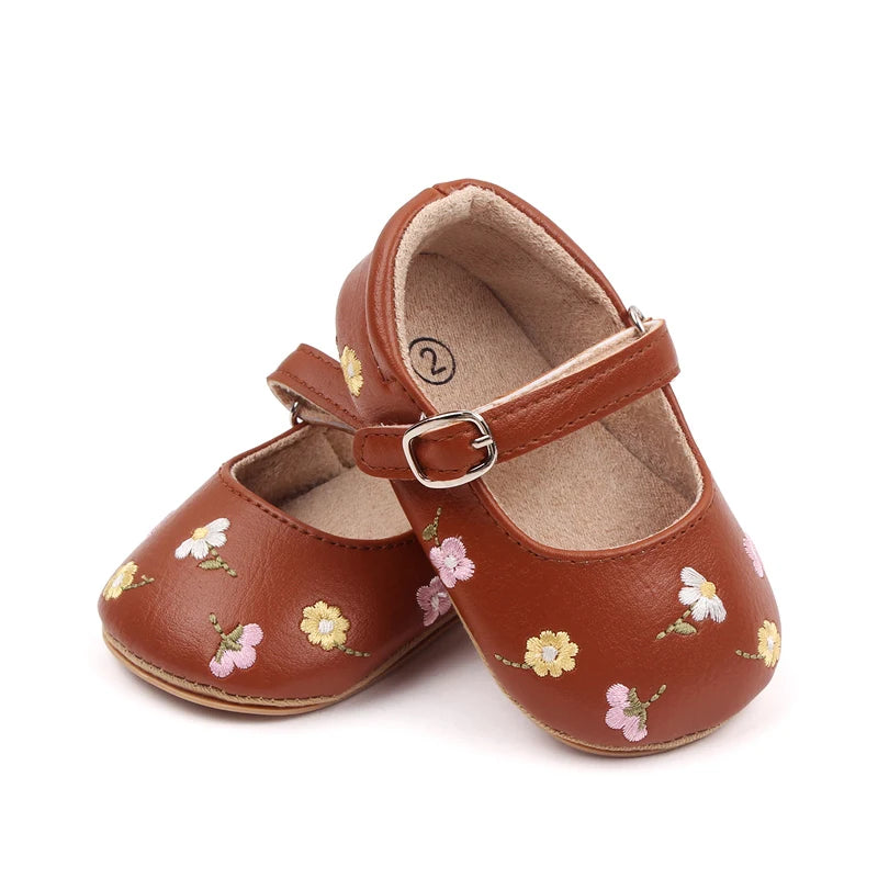 Baby Floral Mary Jane Shoes with Embroidered Flowers, Soft TPR Soles and PU Uppers in Beige Brown or Lavender for Dressy Outfits, Sizes 0-18 Months