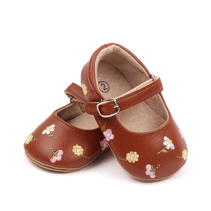 Baby Floral Mary Jane Shoes with Embroidered Flowers, Soft TPR Soles and PU Uppers in Beige Brown or Lavender for Dressy Outfits, Sizes 0-18 Months