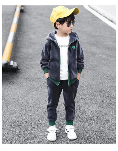 Boys Winter Tracksuit Set with Velvet-Texture Zip-Up Hooded Jacket and Matching Pants, 2-Piece Polyester Outfit for Ages 3-10